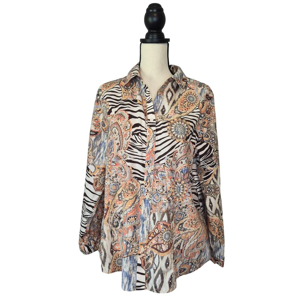 Chicos Mixed Pattern Button Up Blouse  Paisley Zebra Print Boho Sz Chico's 2/ L